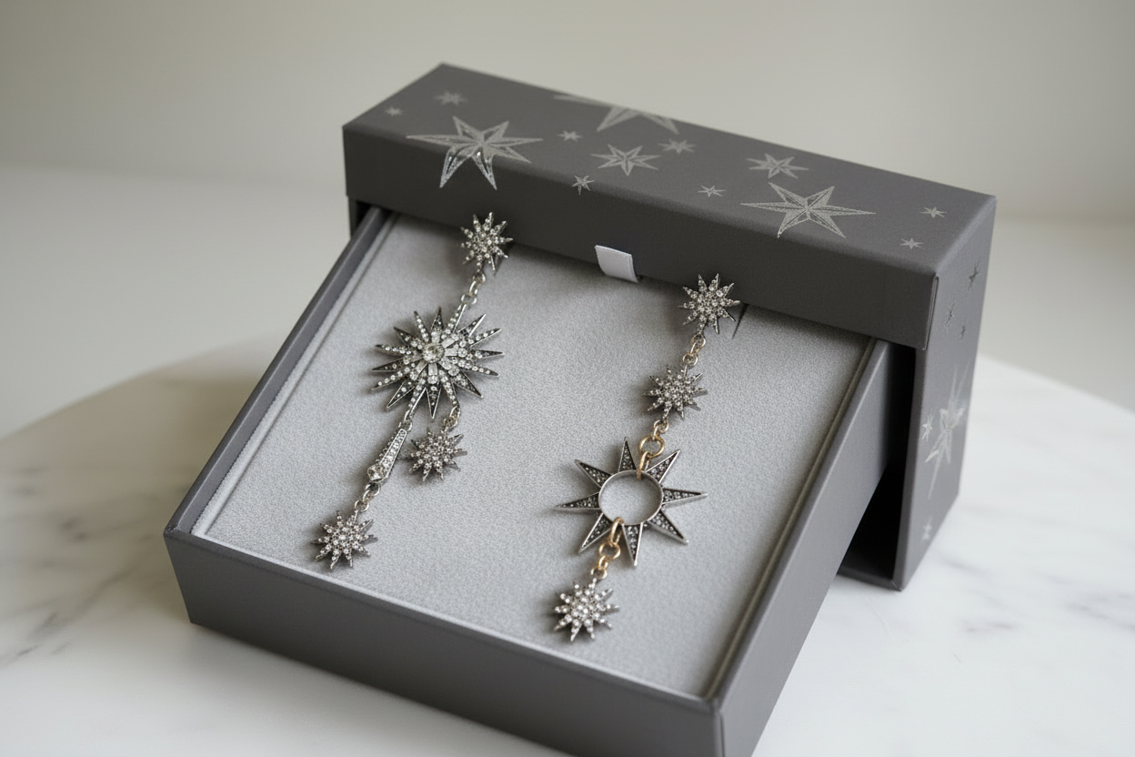 Celestial Stars Asymmetrical Silver Earrings