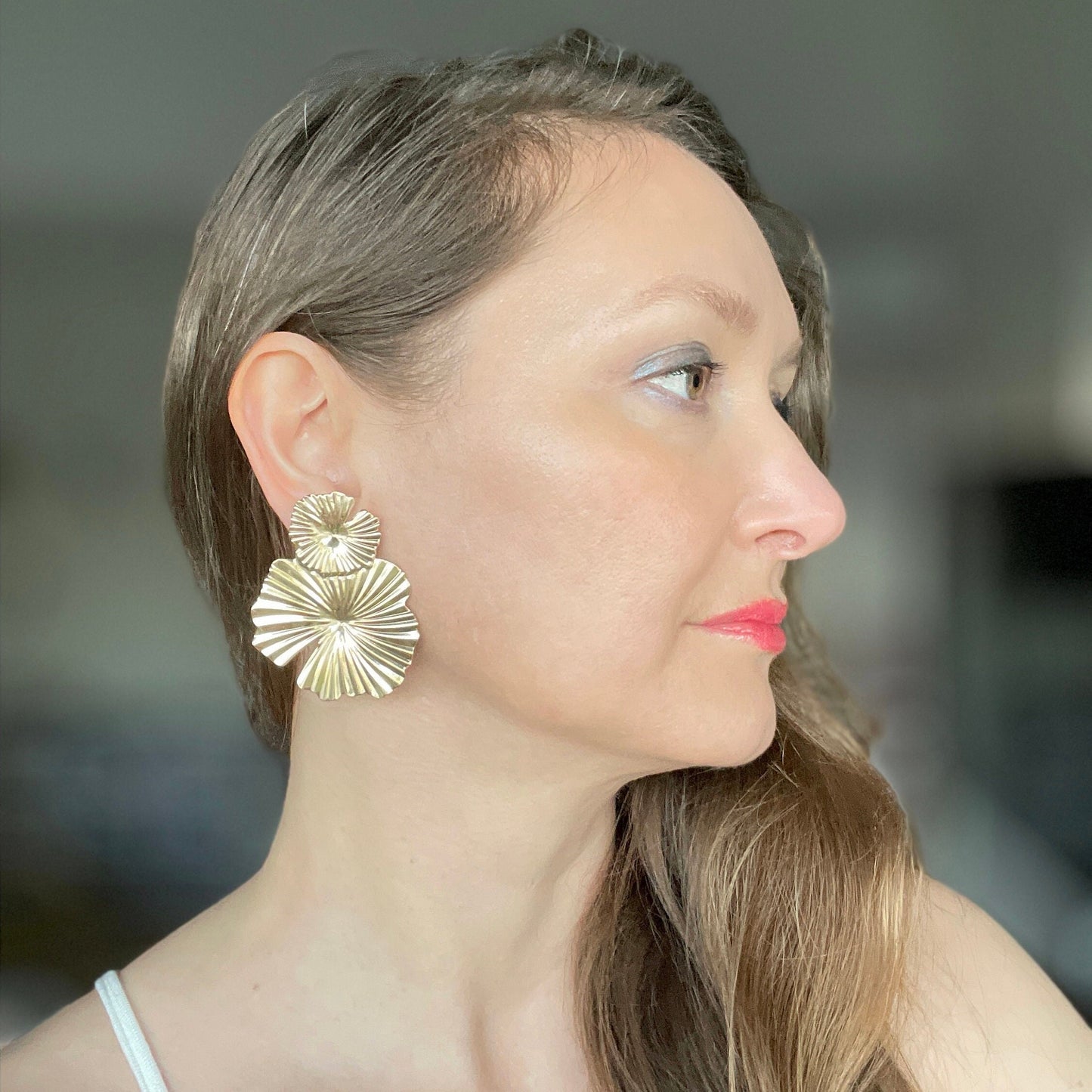 Gold Hibiscus Flower Earrings