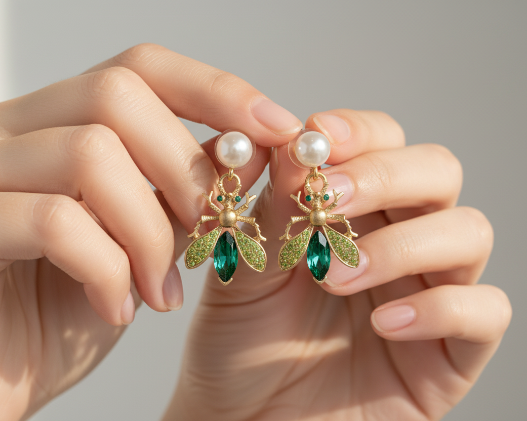 Hand holding a pair of earrings with emerald green gem and pearl bee earrings