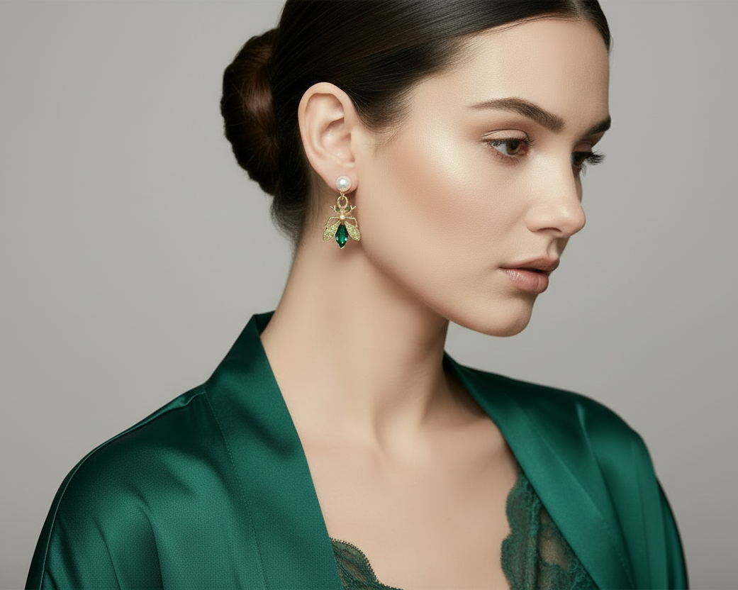 Woman wearing green gemstone earrings