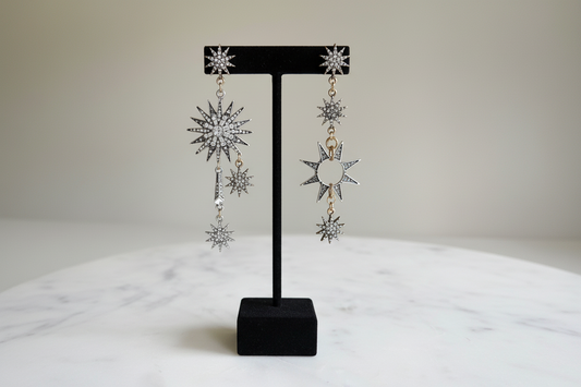 Celestial Stars Asymmetrical Silver Earrings