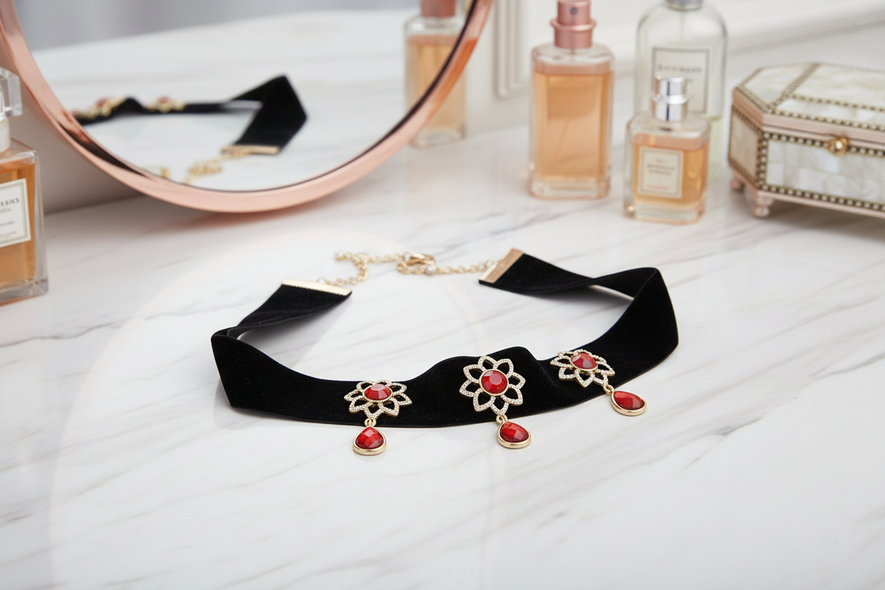 Gem Flower Velvet Choker Necklace