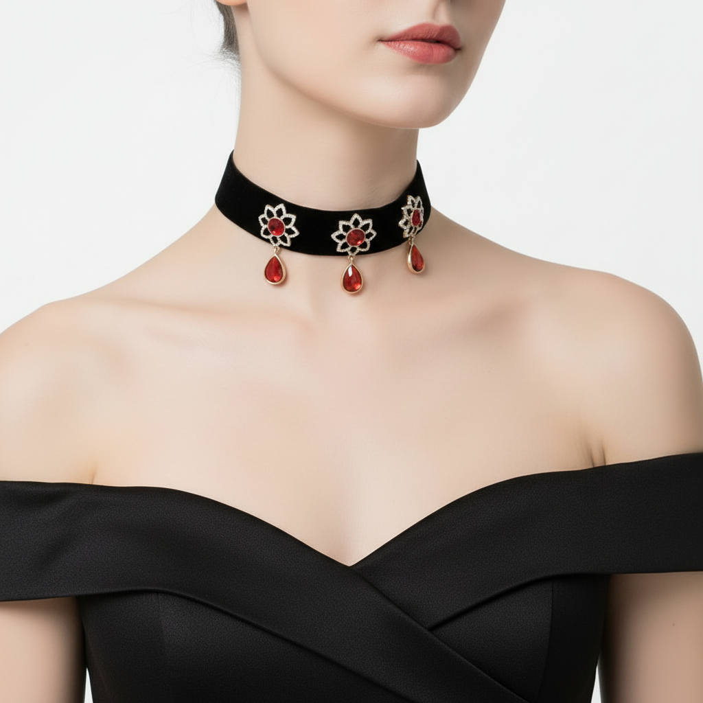Gem Flower Velvet Choker Necklace