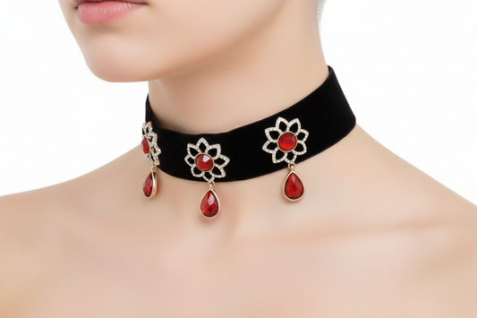 Gem Flower Velvet Choker Necklace