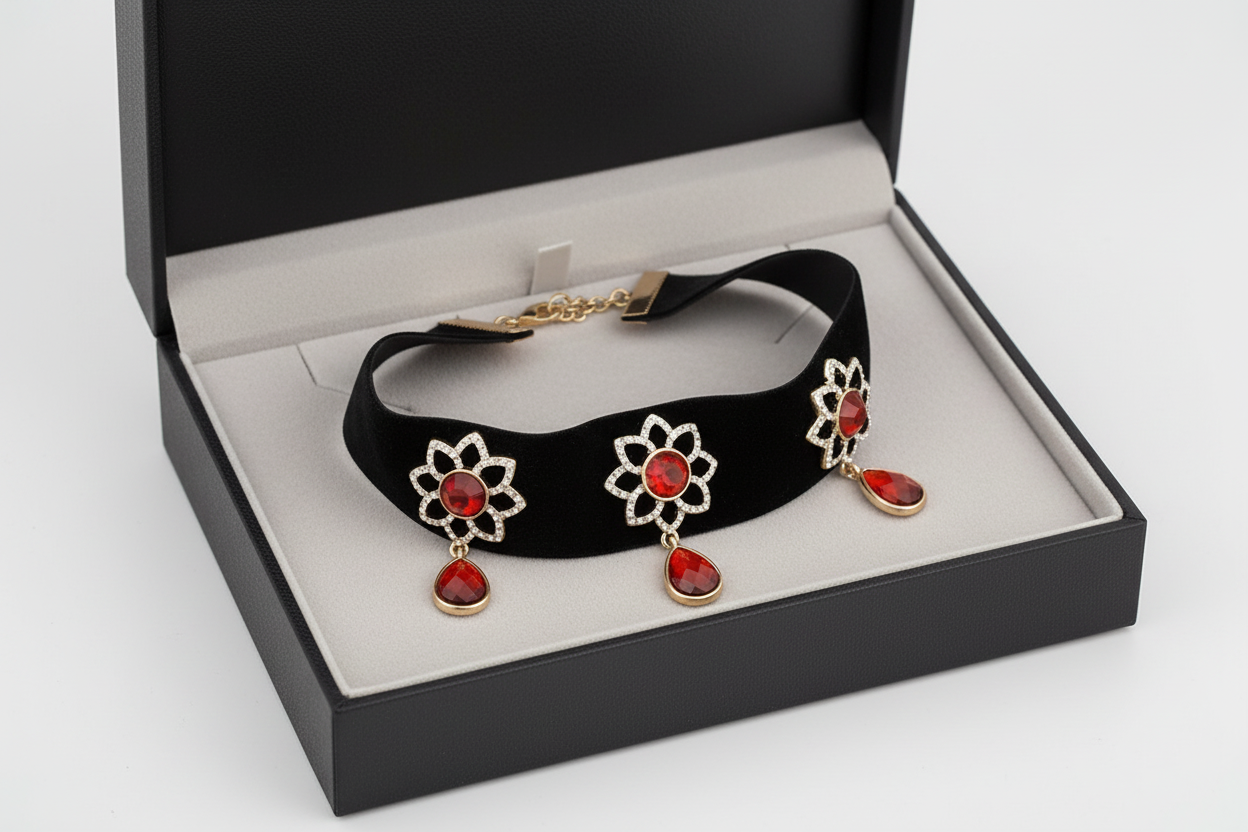 Gem Flower Velvet Choker Necklace