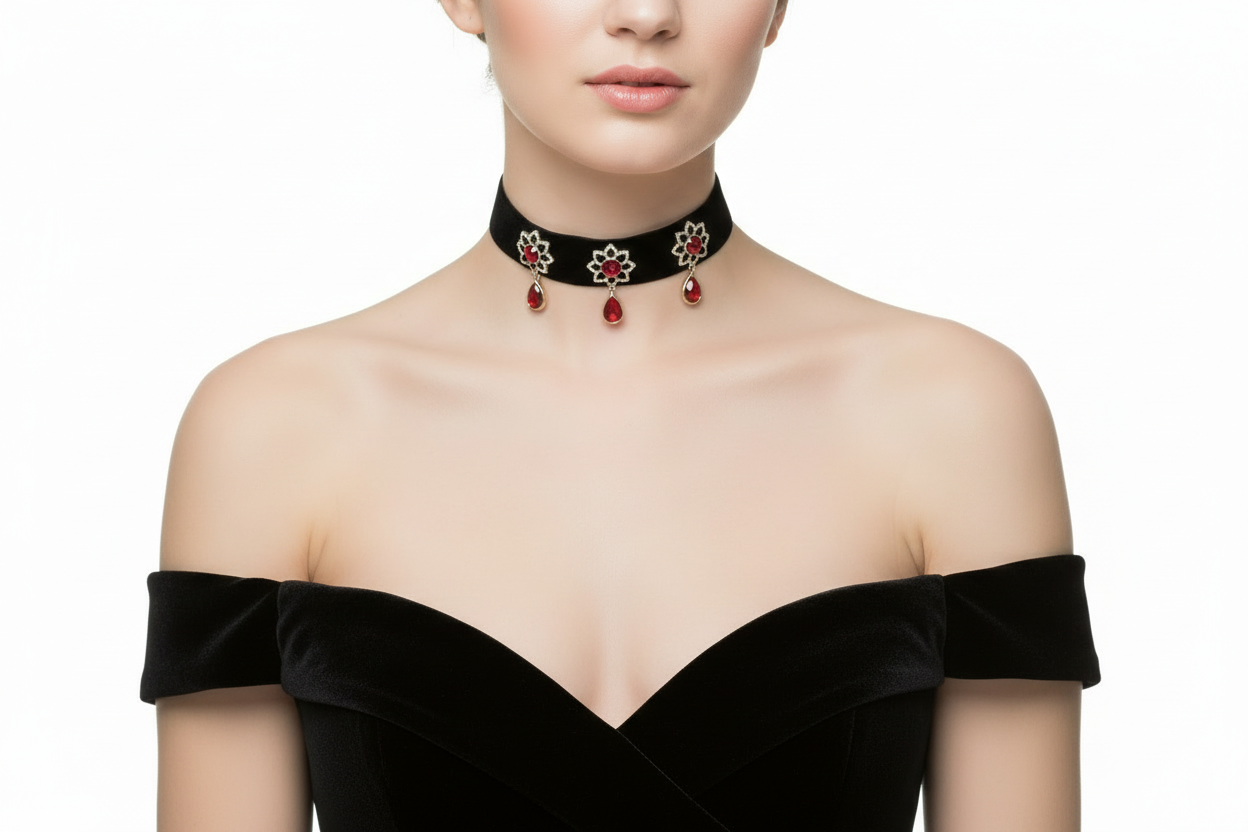 Gem Flower Velvet Choker Necklace