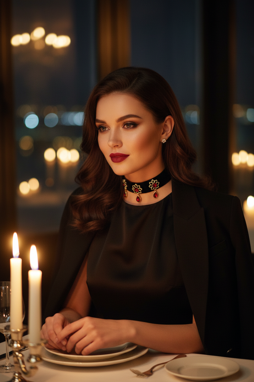 Gem Flower Velvet Choker Necklace