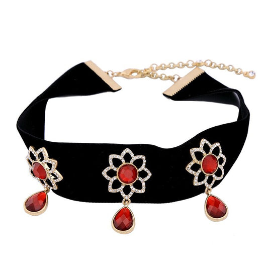 Gem Flower Velvet Choker Necklace